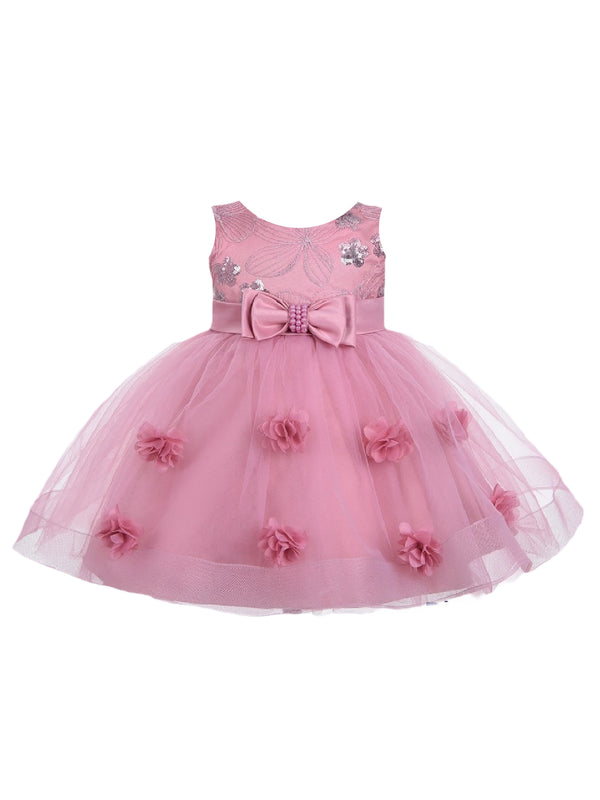 Little Girls Dusty Pink Bow Floral Appliques Tulle Flower Girl Dress 2T-4T - SophiasStyle.com